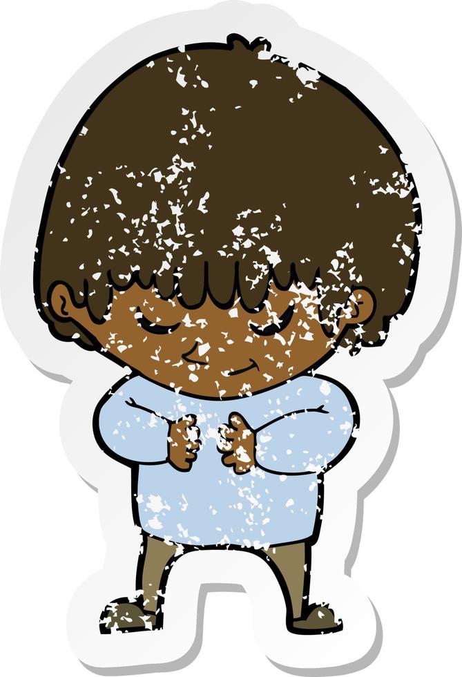 retro distressed sticker of a cartoon shy boy vector