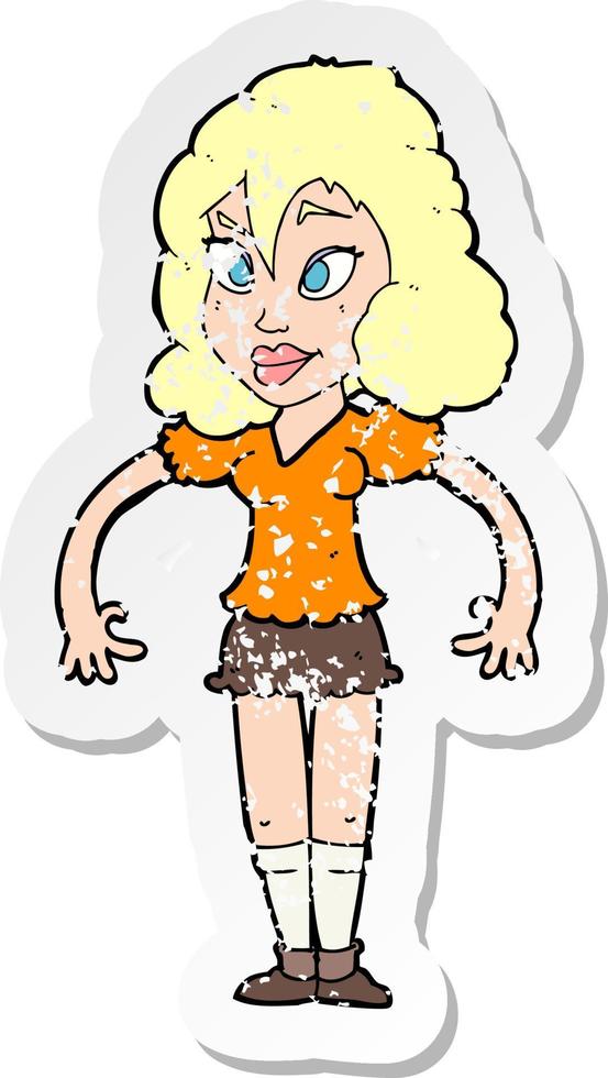 retro distressed sticker of a cartoon pretty woman vector
