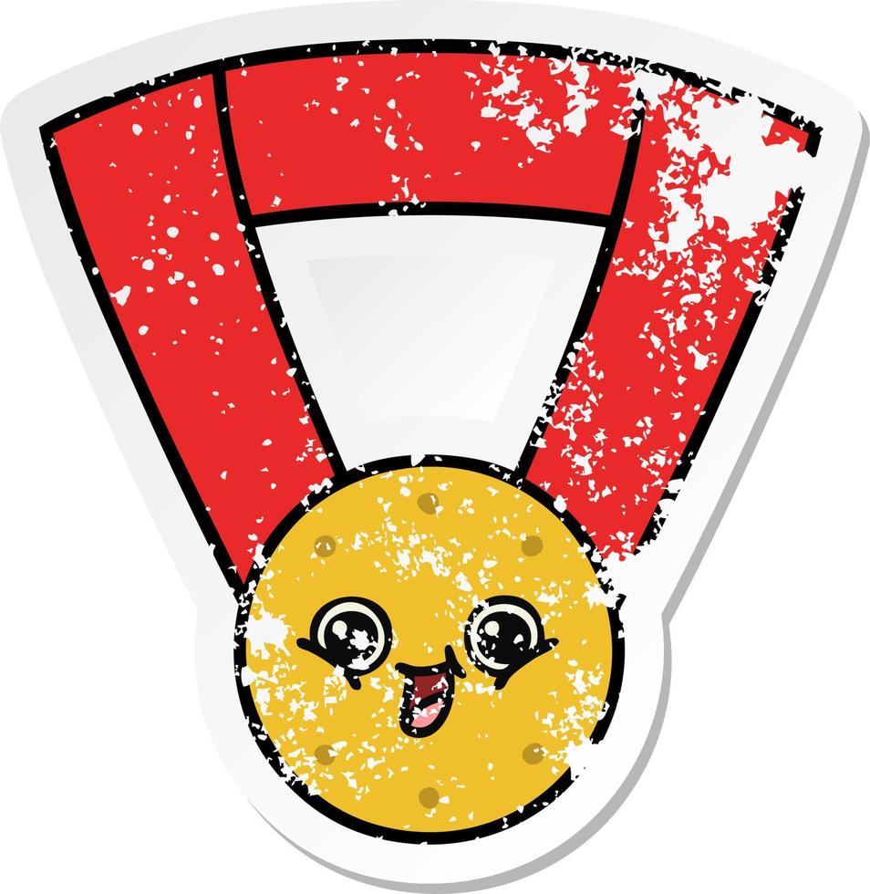 distressed sticker of a cute cartoon gold medal vector