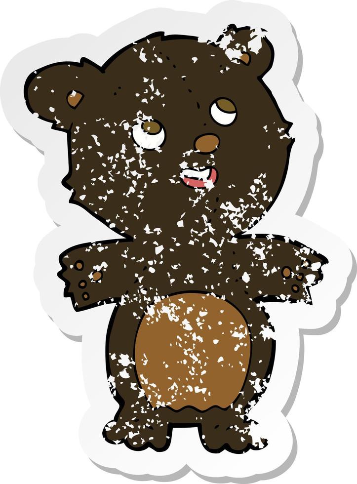 retro distressed sticker of a cartoon happy little black bear vector