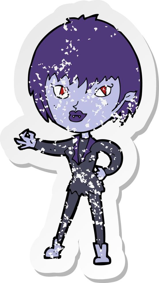 retro distressed sticker of a cartoon vampire girl vector