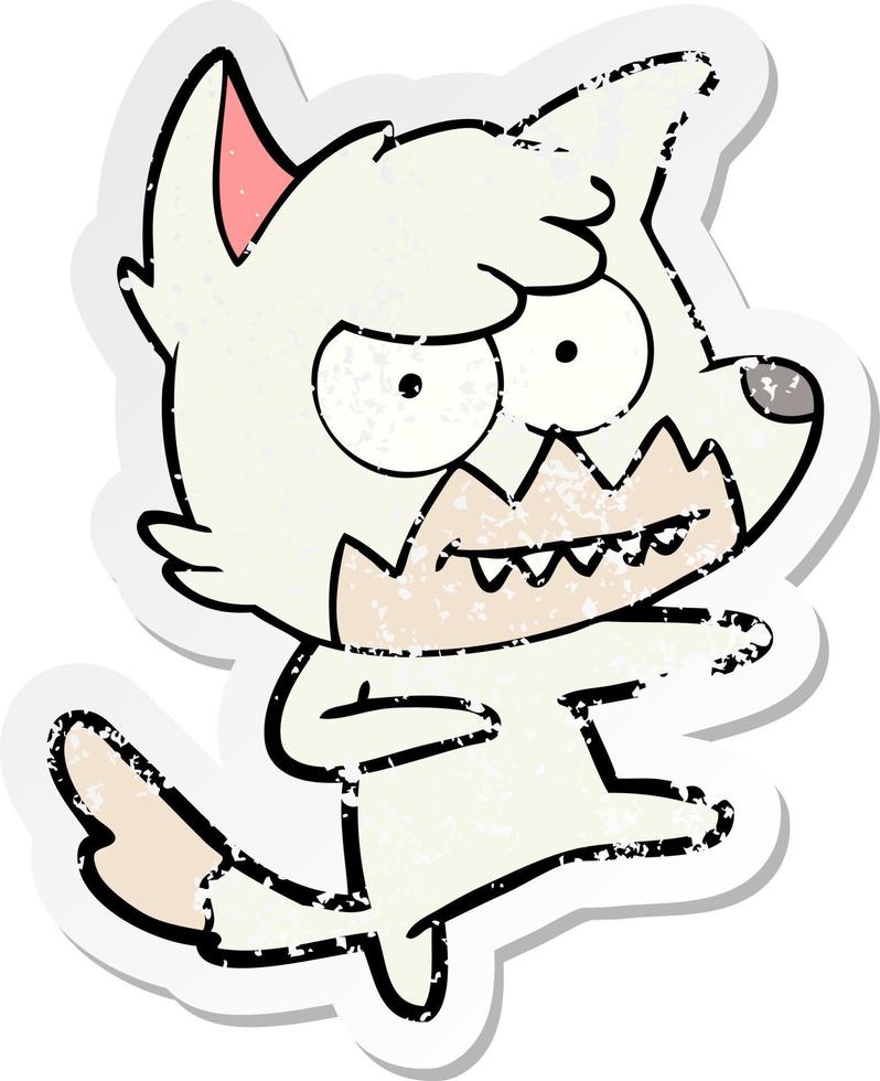 distressed sticker of a cartoon grinning fox vector