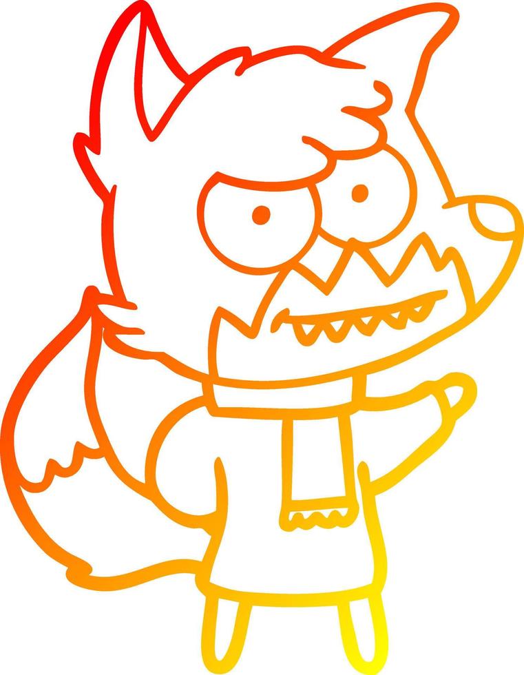 warm gradient line drawing cartoon grinning fox in winter clothes vector