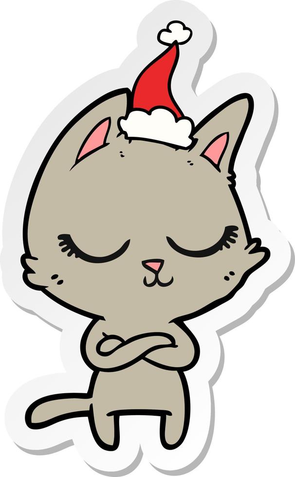 calm sticker cartoon of a cat wearing santa hat vector