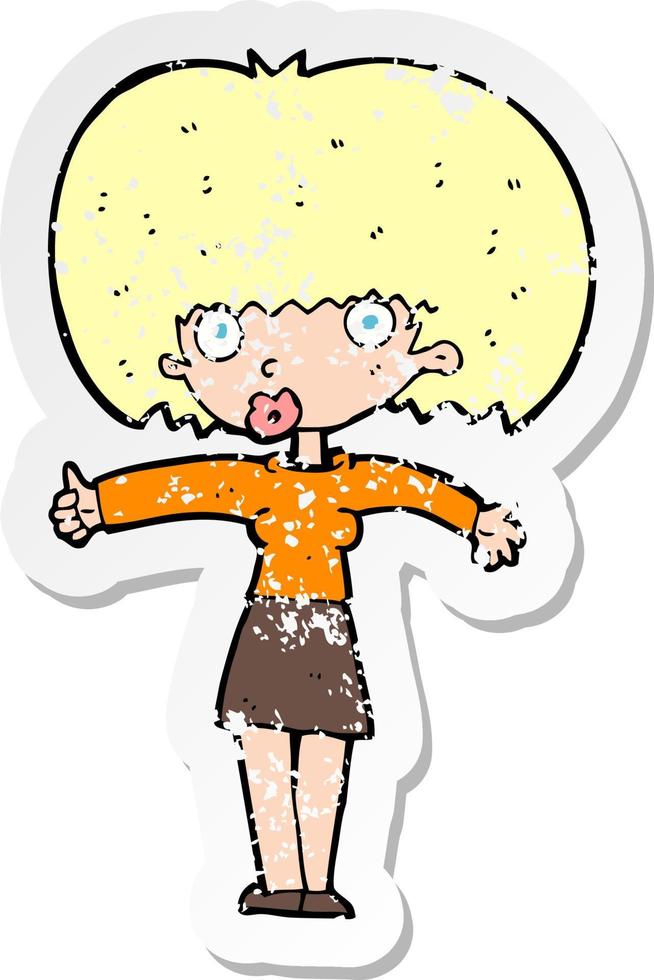 retro distressed sticker of a cartoon woman giving thumbs up symbol vector