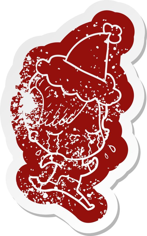 cartoon distressed sticker of a crying girl wearing space clothes wearing santa hat vector