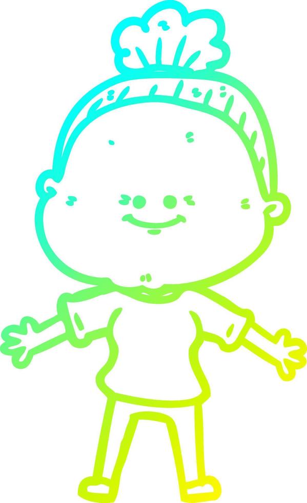cold gradient line drawing cartoon happy old woman vector