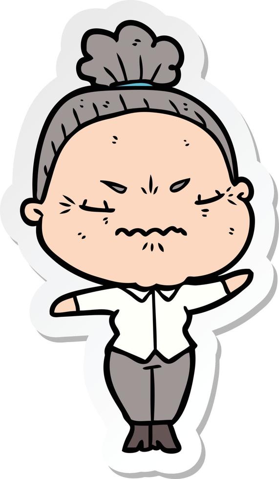 sticker of a cartoon annoyed old lady vector