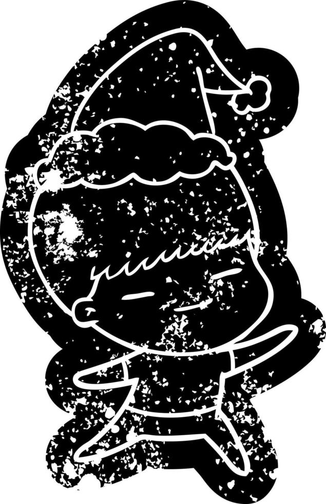 cartoon distressed icon of a smug boy wearing santa hat vector