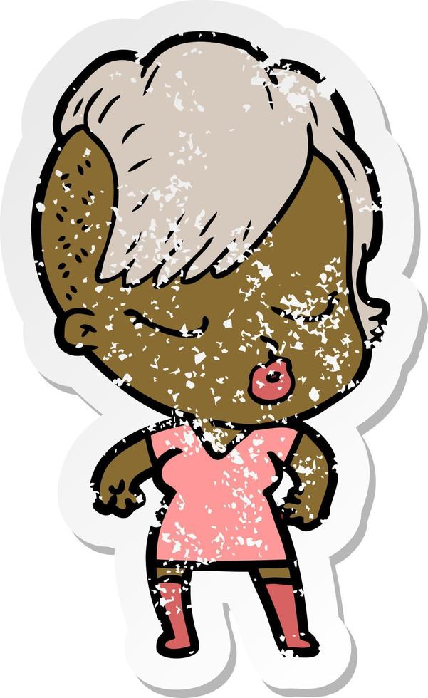 distressed sticker of a cartoon pretty hipster girl vector