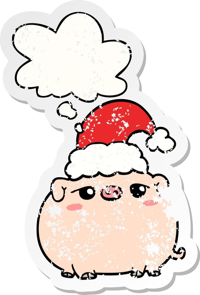 cartoon pig wearing christmas hat and thought bubble as a distressed worn sticker vector