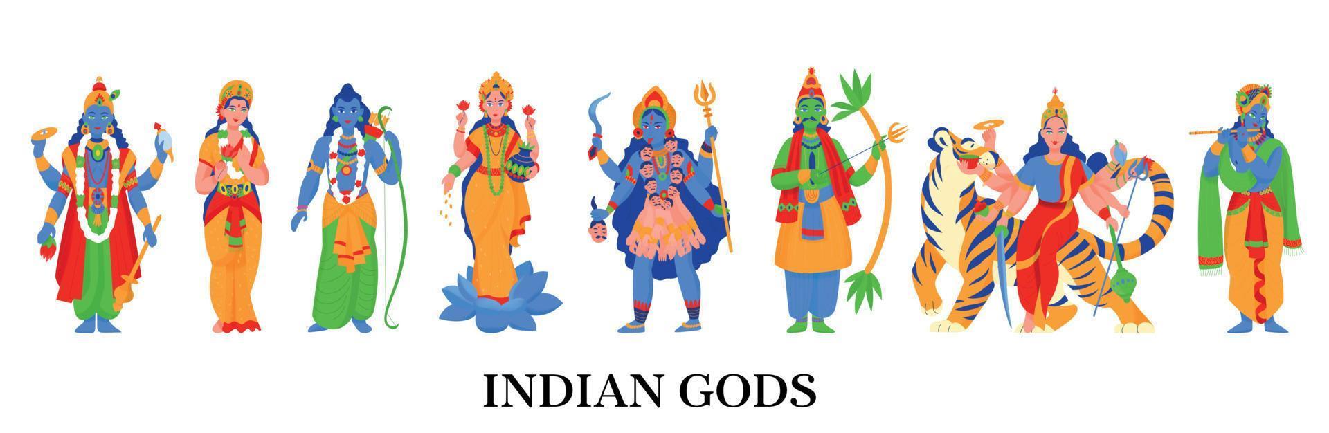 Colored Ancient Indian Hindu Gods Icon Set vector