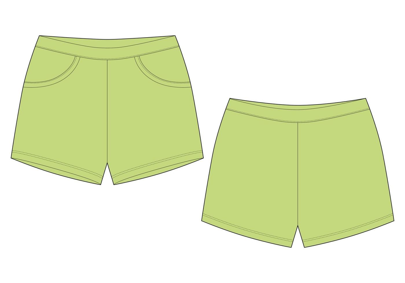 Technical sketch sleep shorts pants design template. Light green color. vector