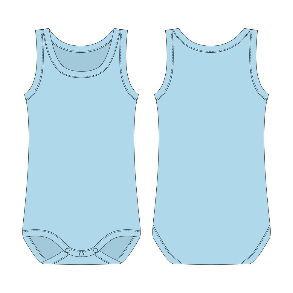 Children bodysuit. Baby sleeveless body. Light blue color. Infant tank top technical sketch. vector