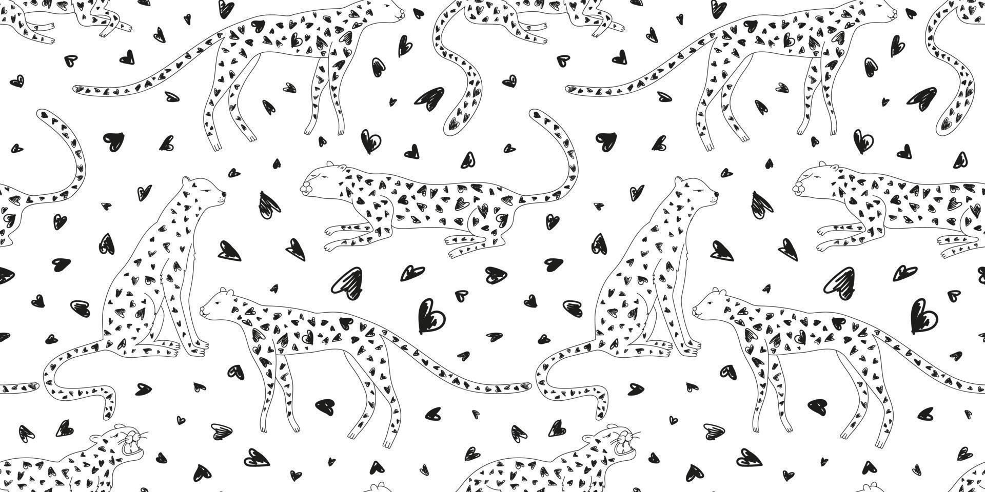 Hand drawn cute leopard and hearts seamless pattern. Doodle cheetah