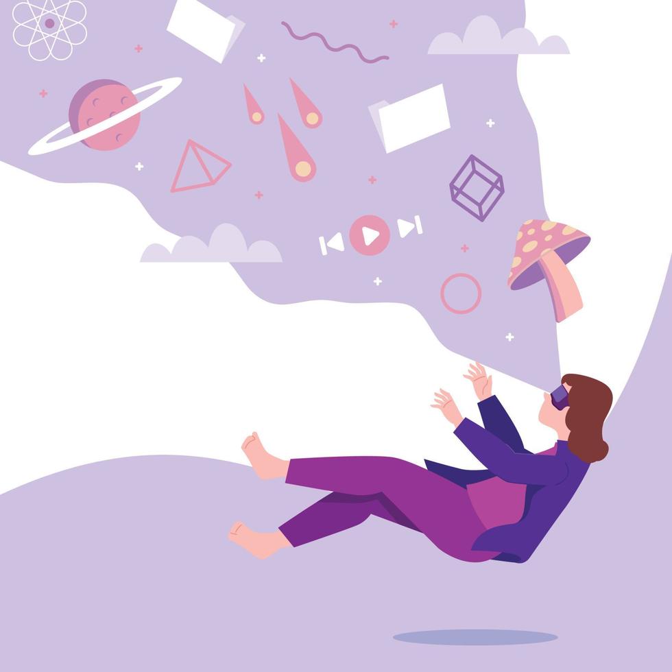 Woman Flying While Playing with Augmented Reality Glasess vector