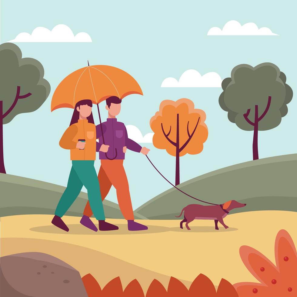 A Couple Walking on the Park in Autumn vector