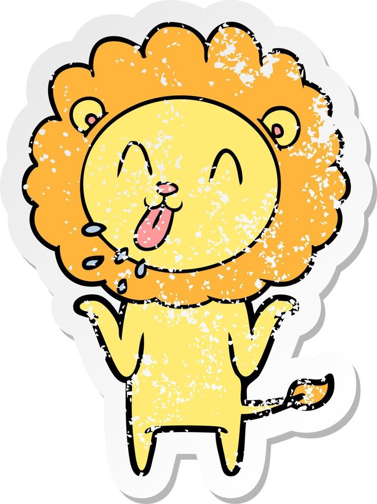 distressed sticker of a happy cartoon lion vector
