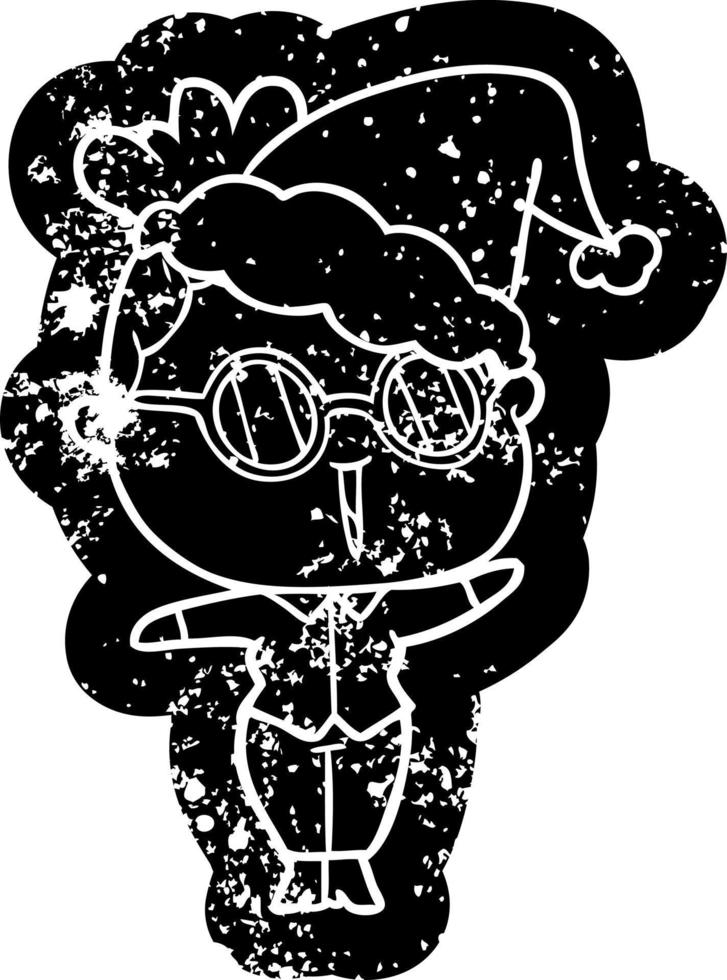 cartoon distressed icon of a woman wearing spectacles wearing santa hat vector