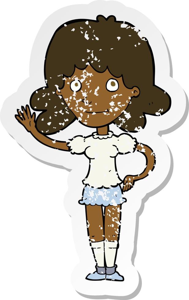 retro distressed sticker of a cartoon woman waving vector