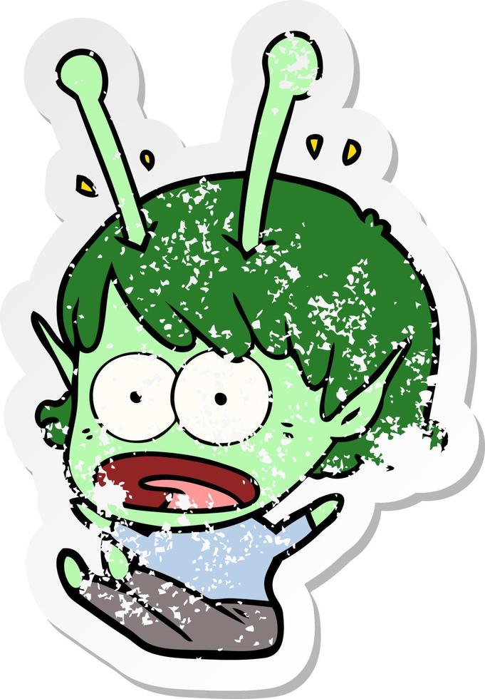distressed sticker of a cartoon shocked alien girl vector