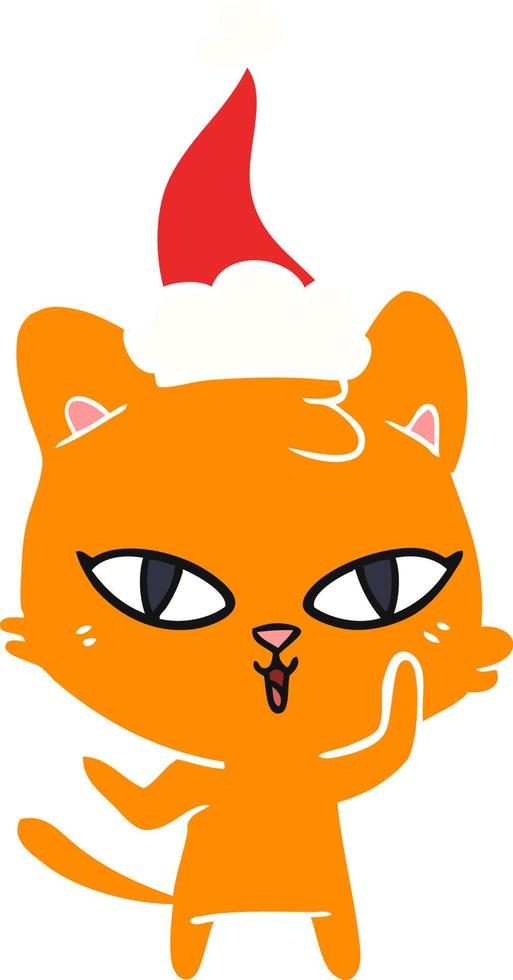 flat color illustration of a cat wearing santa hat vector