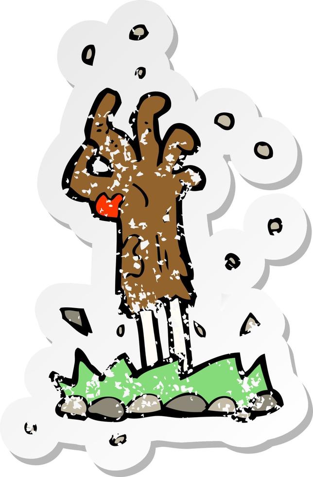 retro distressed sticker of a cartoon zombie hand rising from ground vector