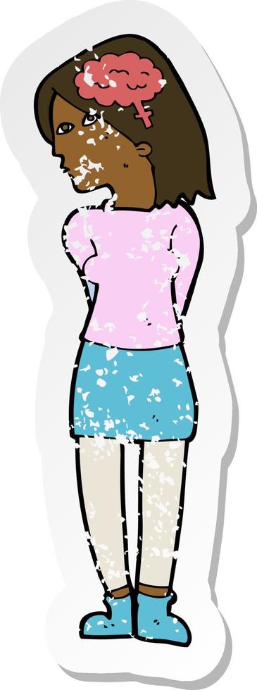 retro distressed sticker of a cartoon brainy woman vector