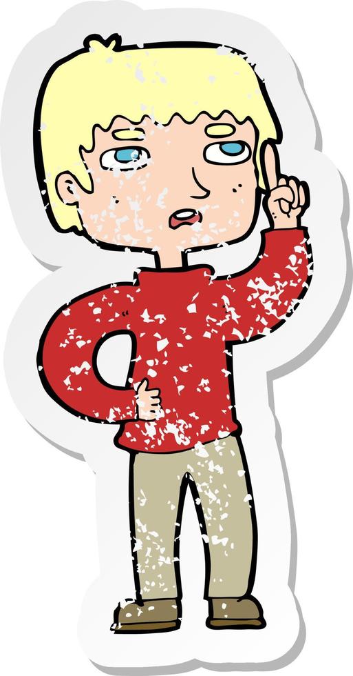 retro distressed sticker of a cartoon boy with question vector