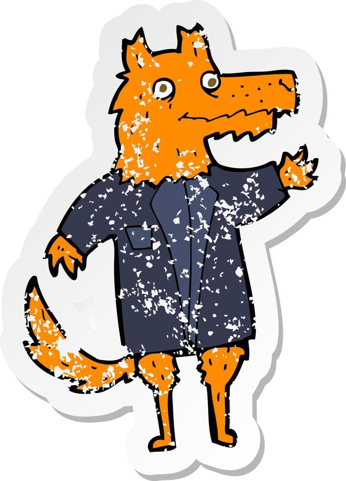 retro distressed sticker of a cartoon fox businessman vector