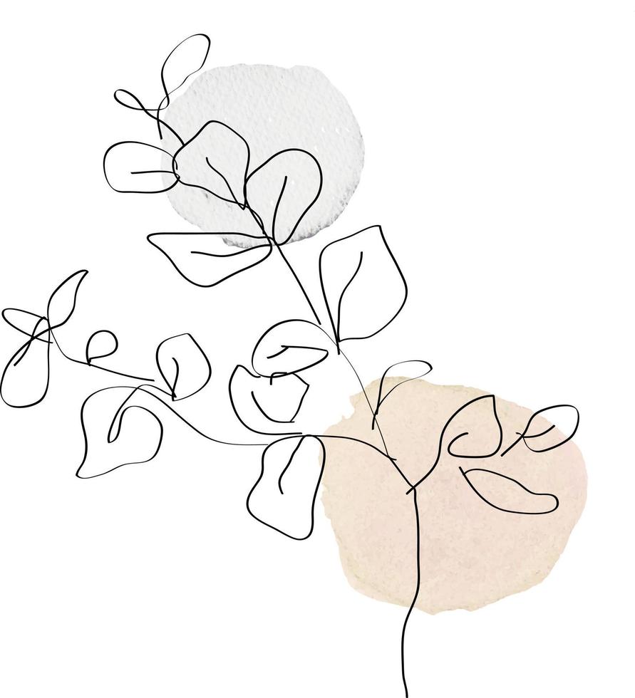 Flowers drawn by a line with watercolor stains. vector