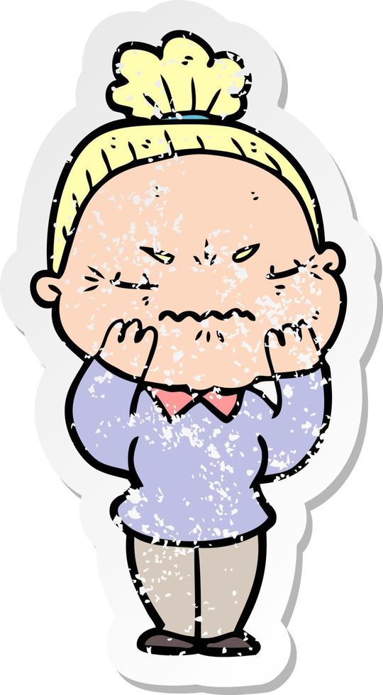 distressed sticker of a cartoon annoyed old lady vector