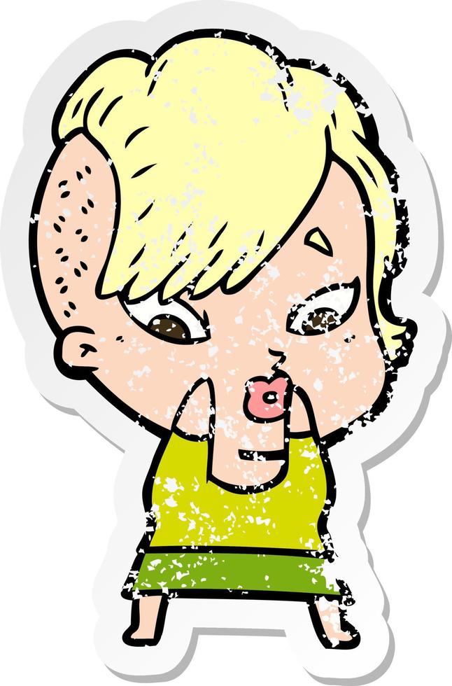 distressed sticker of a cartoon surprised girl vector