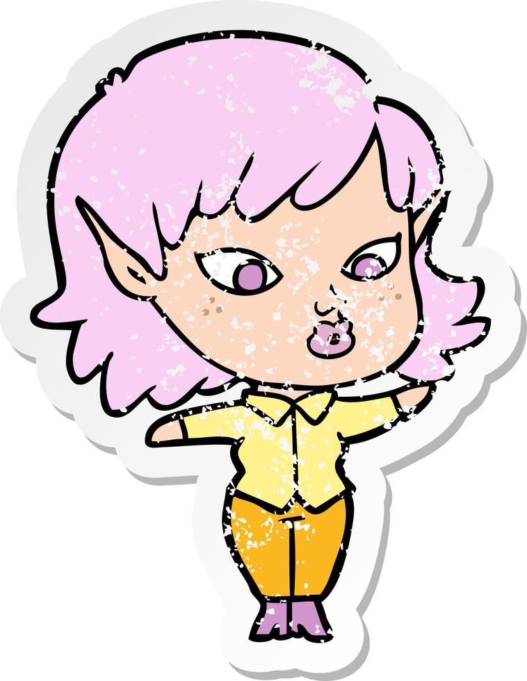 distressed sticker of a pretty cartoon elf girl vector