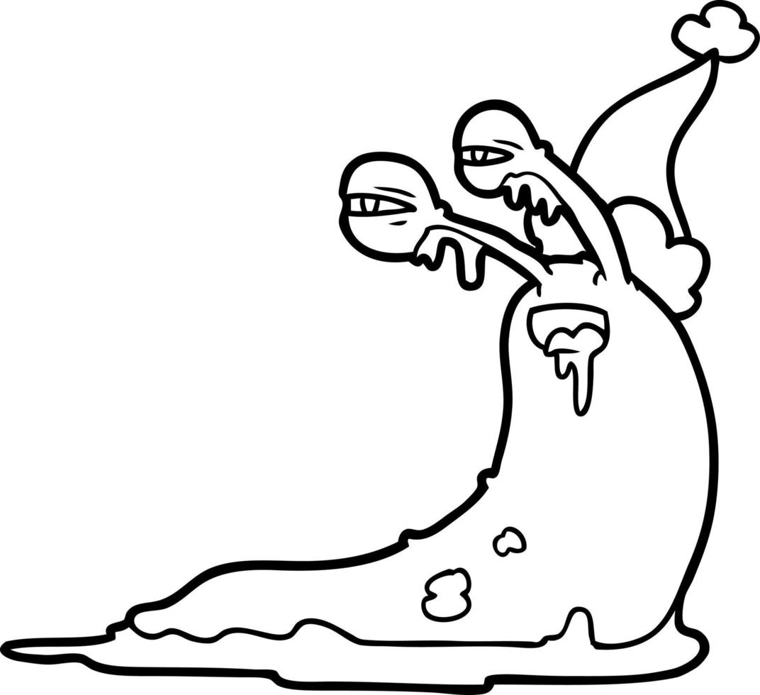 gross line drawing of a slug wearing santa hat vector