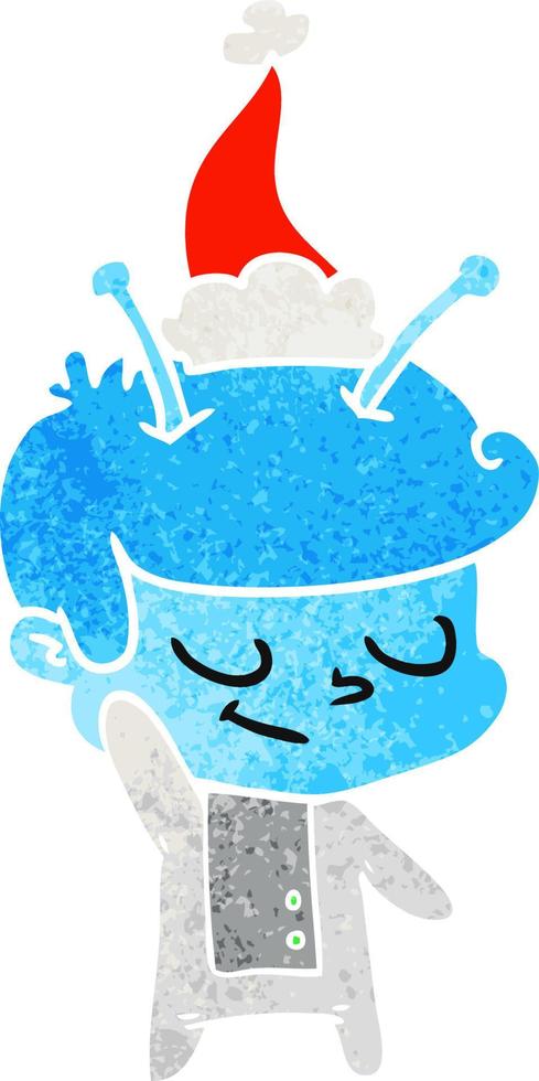 friendly retro cartoon of a spaceman wearing santa hat vector