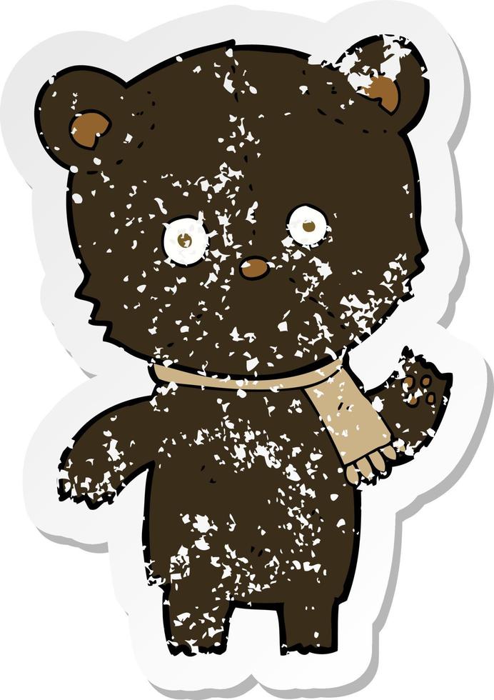 pegatina retro angustiada de un oso negro agitando dibujos animados vector