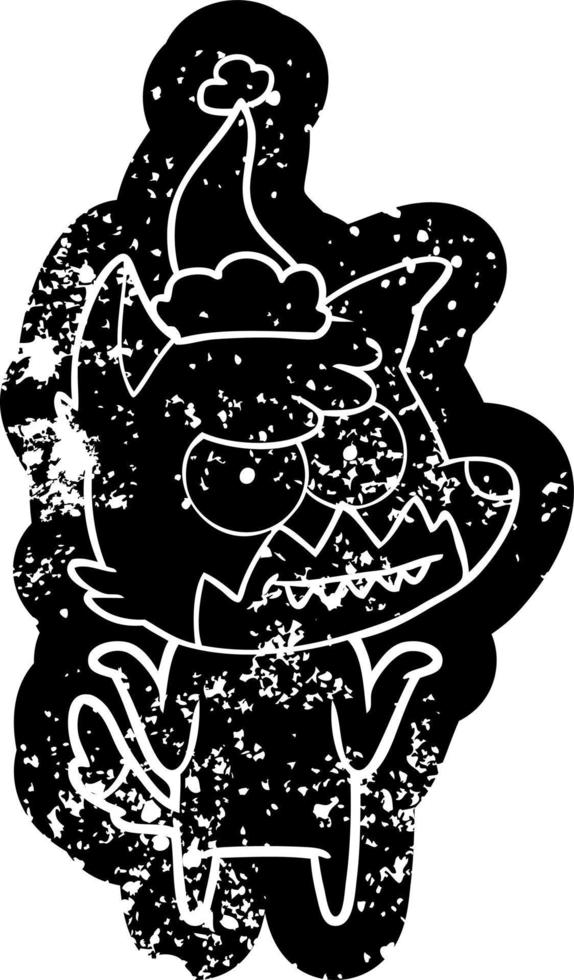 cartoon distressed icon of a grinning fox wearing santa hat vector