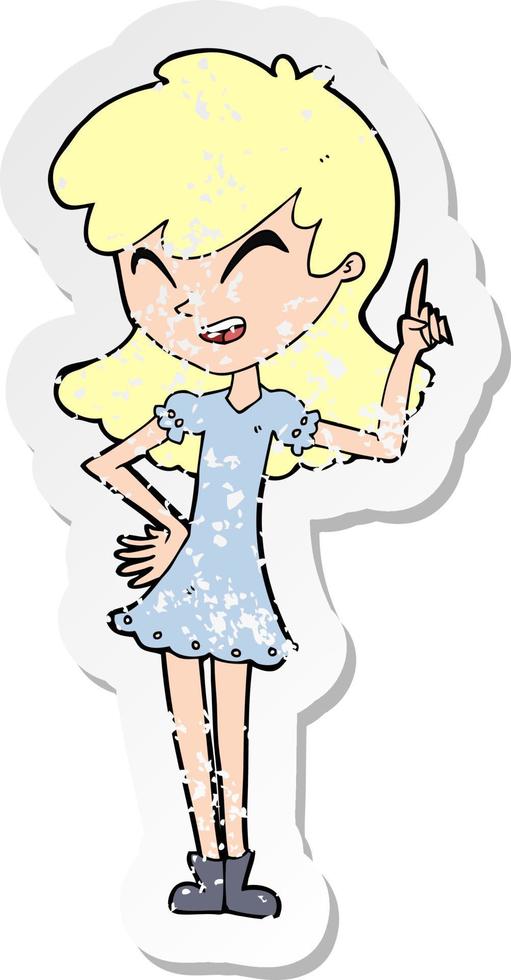 retro distressed sticker of a cartoon girl making point vector