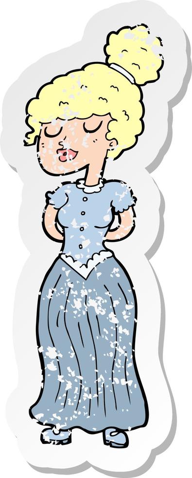 retro distressed sticker of a cartoon pretty victorian woman vector