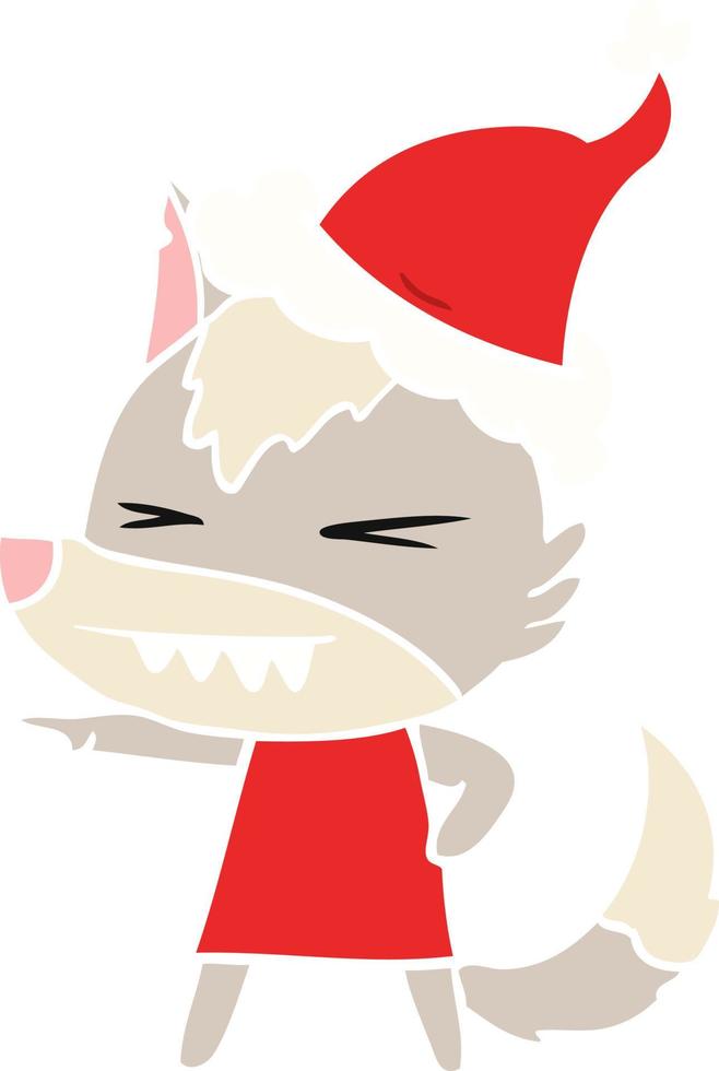 angry wolf flat color illustration of a wearing santa hat vector