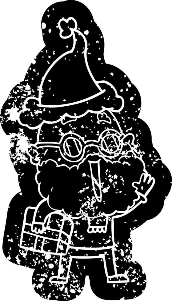 cartoon distressed icon of a joyful man with beard and parcel under arm wearing santa hat vector