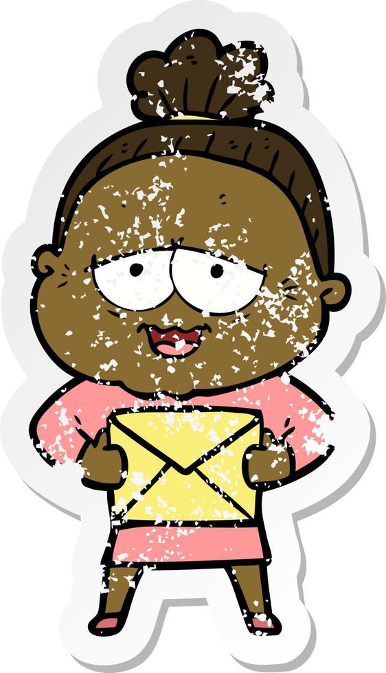 distressed sticker of a cartoon happy old lady vector