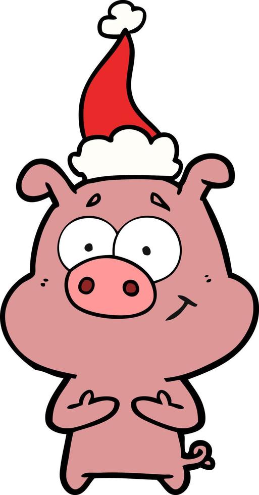 happy line drawing of a pig wearing santa hat vector