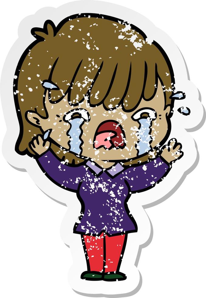 distressed sticker of a cartoon girl crying vector