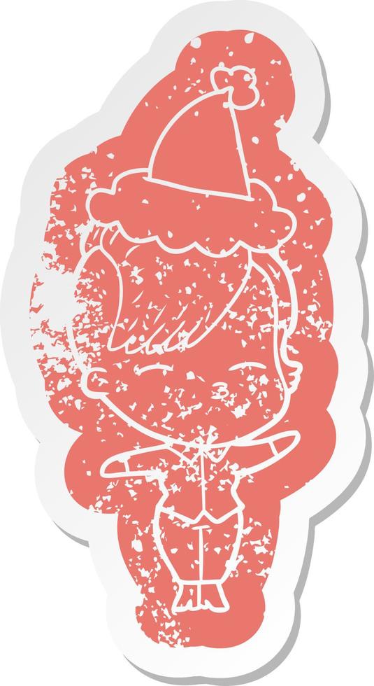 cartoon distressed sticker of a squinting girl wearing santa hat vector