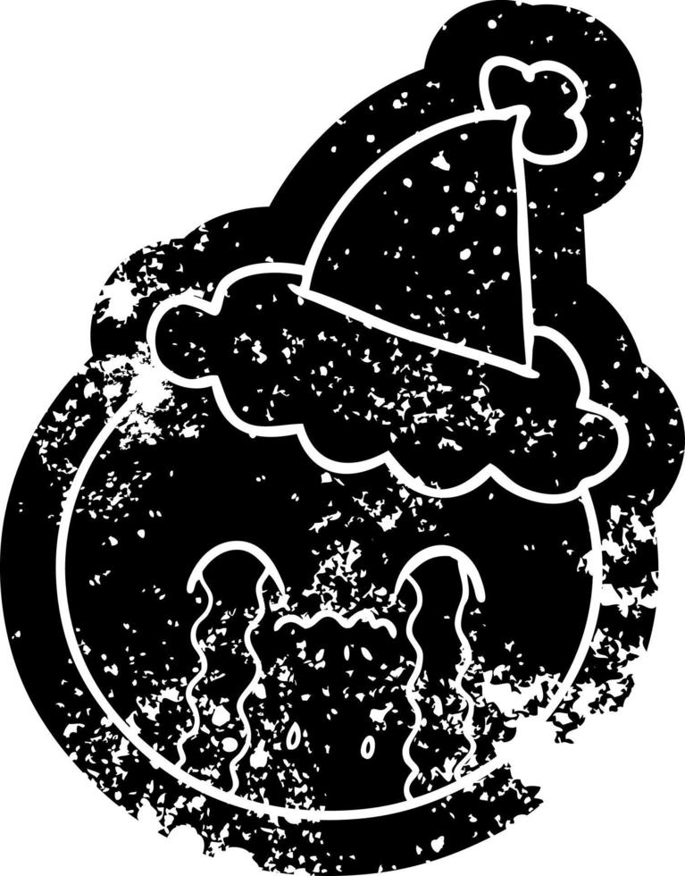 cartoon distressed icon of a orange wearing santa hat vector