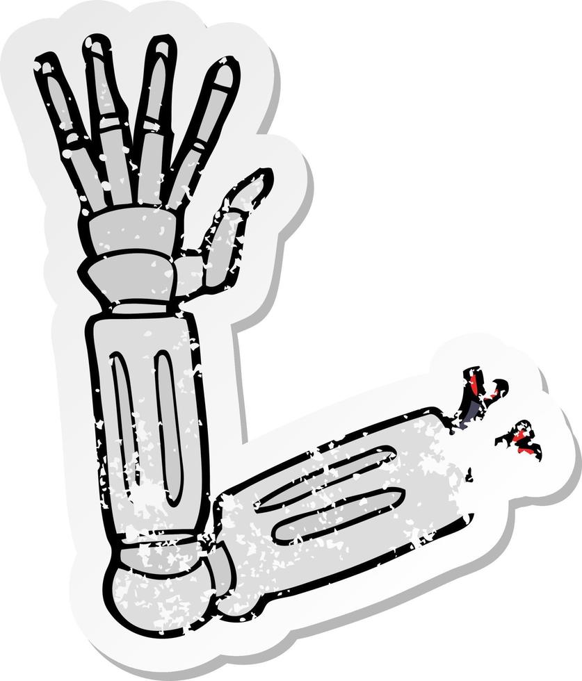 retro distressed sticker of a cartoon robot arm vector