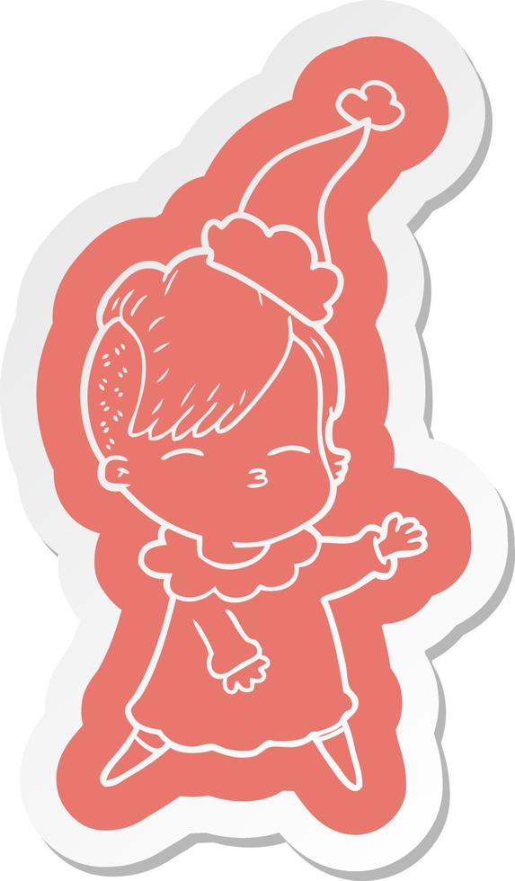 cartoon  sticker of a squinting girl wearing santa hat vector