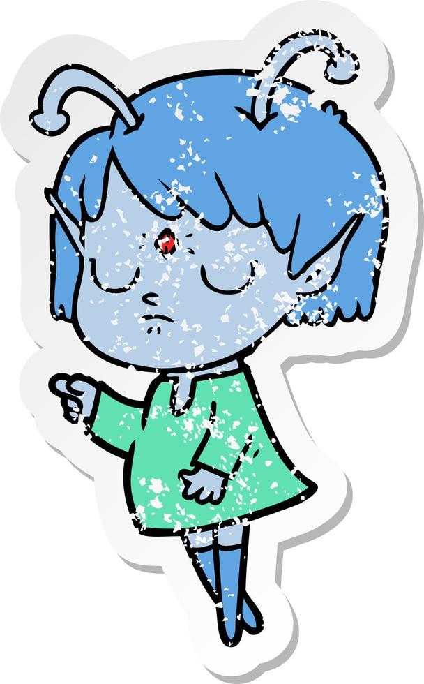 distressed sticker of a cartoon alien girl vector